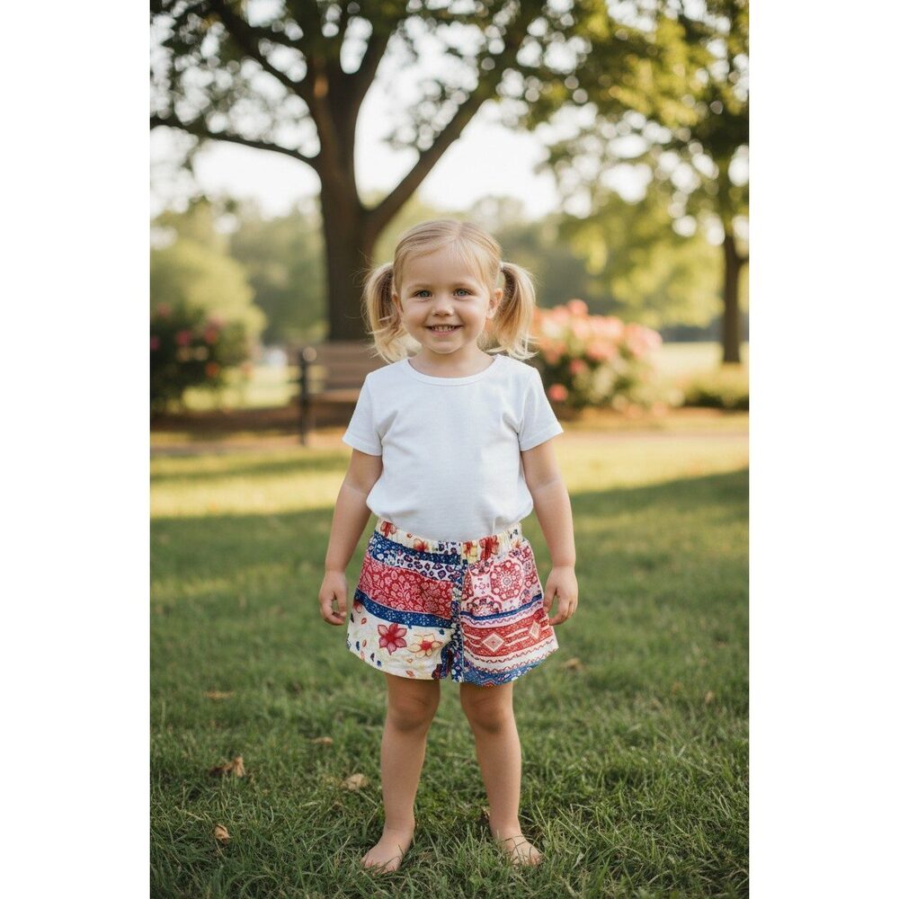 Vince Camuto Toddler Girl Red Blue Patchwork Bandana Linen Shorts 2T
